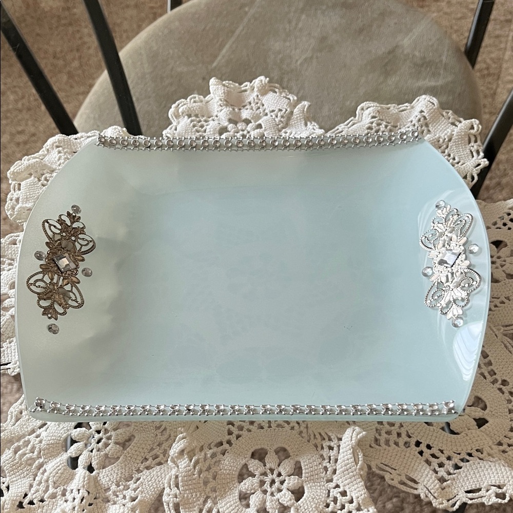 Elegant Light Blue Decorative Tray with Silver Accents